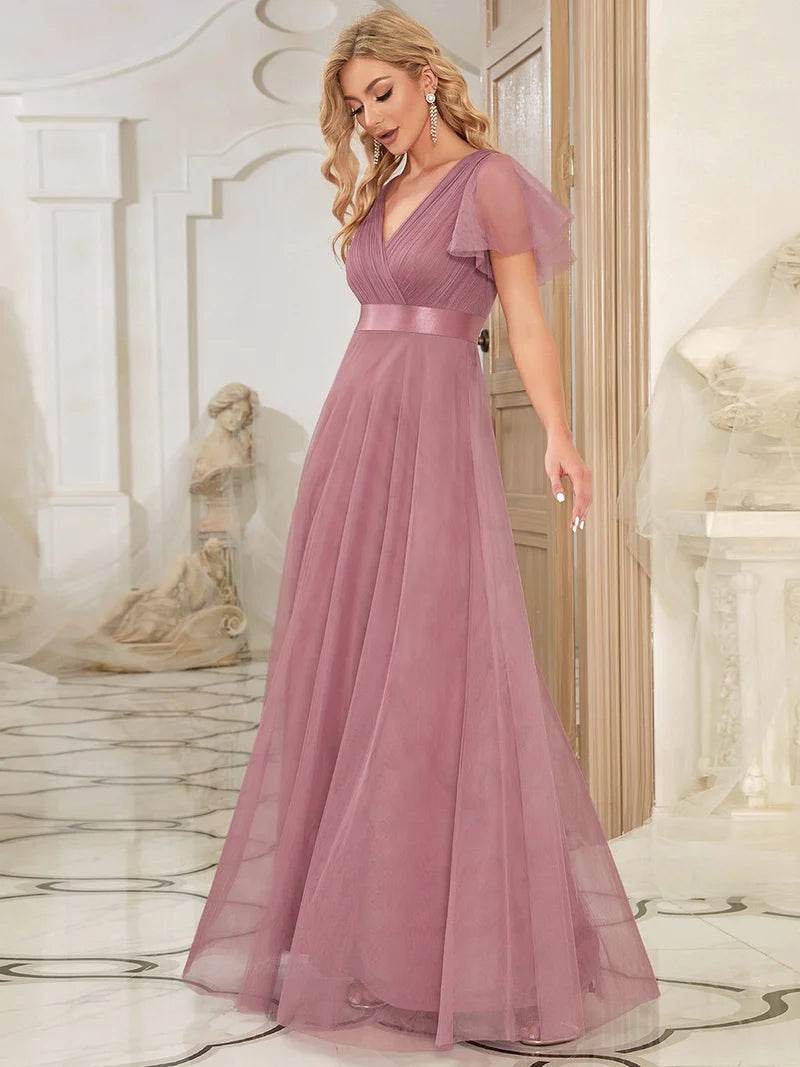 Elegant V-Neck A-Line Bridesmaid Dress – Floor-Length Gown - Biamonde
